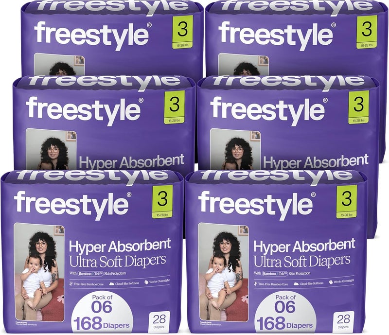 Freestyle حفاضات بامبو تيك – (الحجم 3) فائقة الامتصاص وغير سامة – حفاضات قابلة للتخلص للبشرة الحساسة – حفاضات فائقة النعومة (16-28 رطل) – 168 قطعة - Image 1